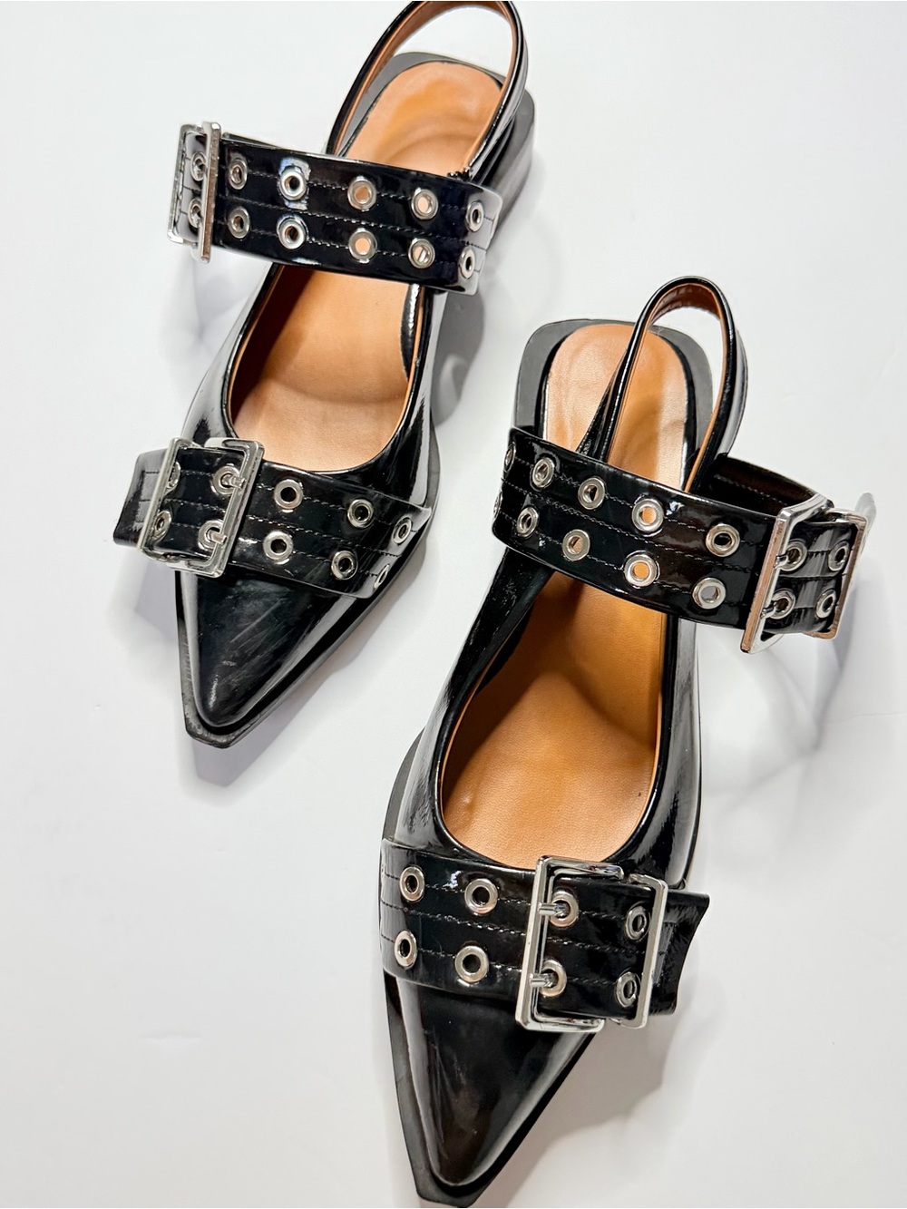 Black Patent Faux Leather Pointed Slingback Flats Grommet Buckle 38 / 8